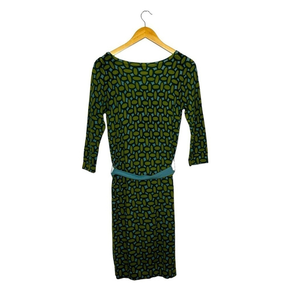 Boden Retro Green Blue Long Sleeve 100% Wool Art Deco Print MIDI Dress Size 4 - Picture 10 of 16